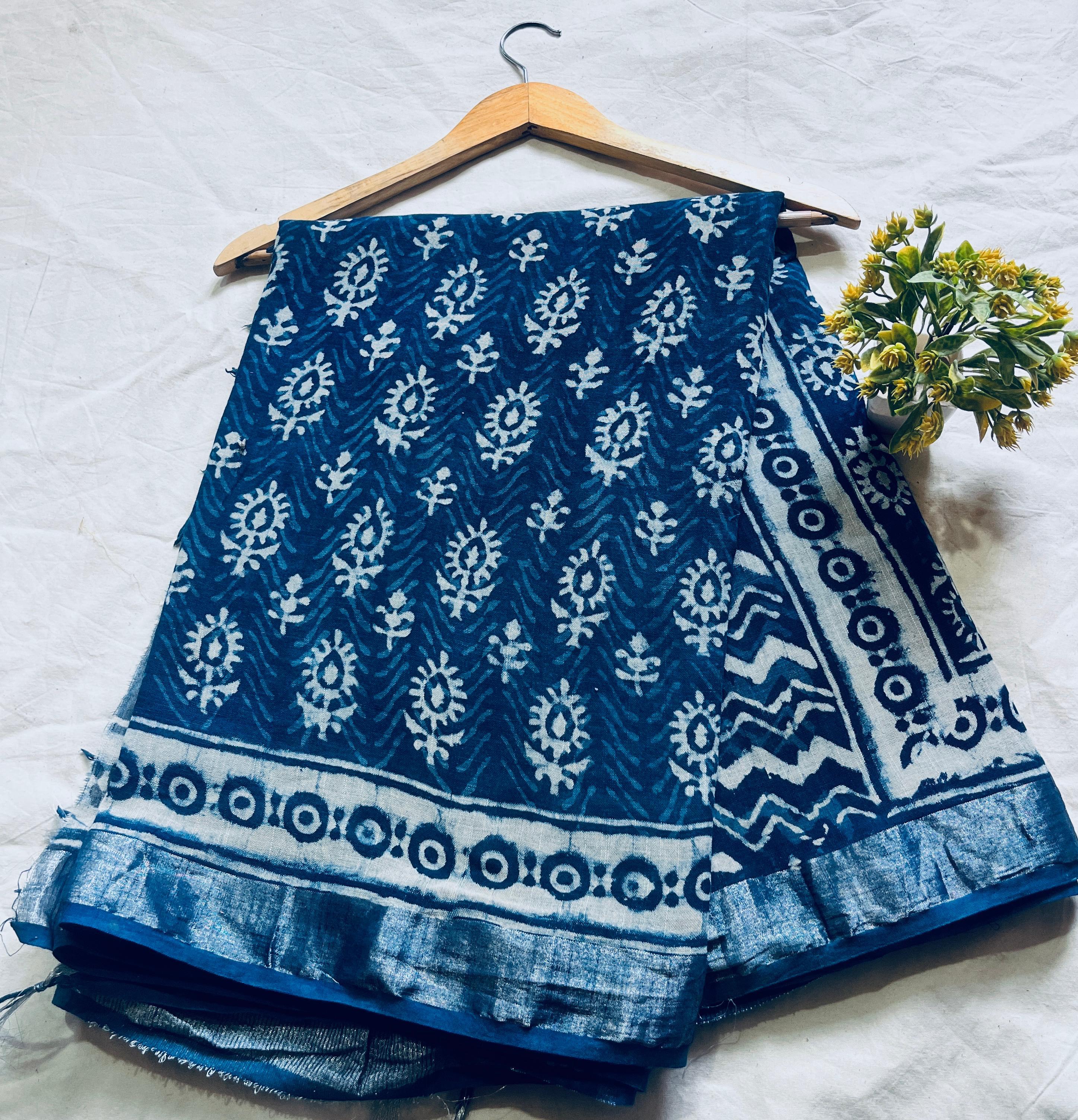 Indigo Dabu Floral Booty Saree – Premium cotton linen handblock saree wholesale for retailers and boutiques